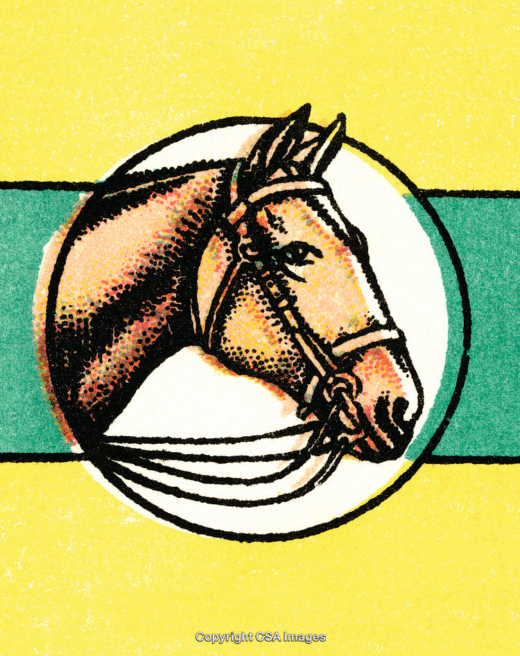 Vintage Stylized Horse Illustration Encircled by Green and Yellow Background