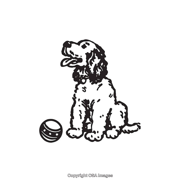 Black and White Line Art Illustration of a Dog with Ball