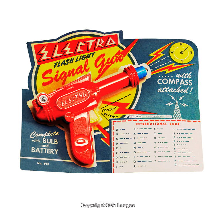 Vintage Red Plastic Toy Signal Gun with Retro Packaging and Morse Code Chart
