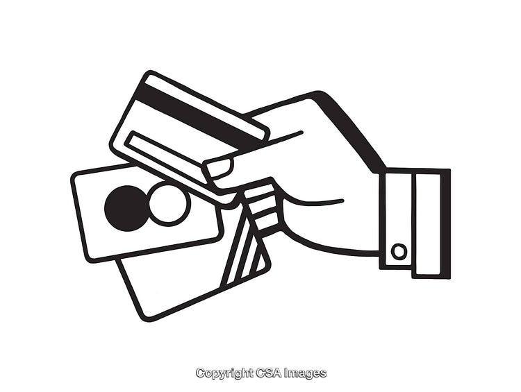 Black and White Illustration of a Hand Holding Multiple Payment Cards