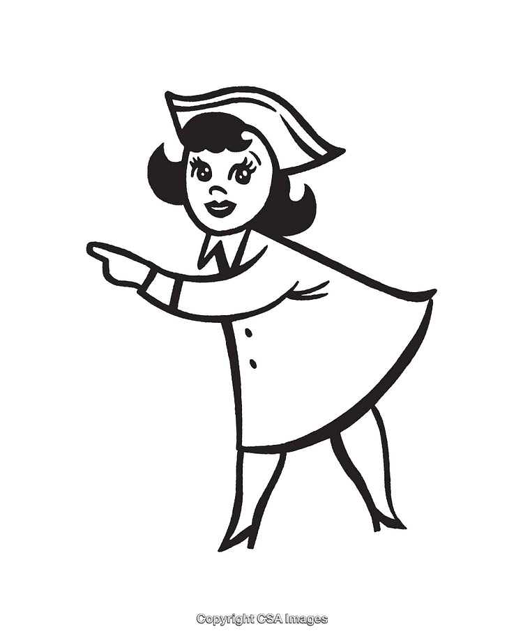 Vintage Line Art Illustration of a Pointing Woman in Retro Style