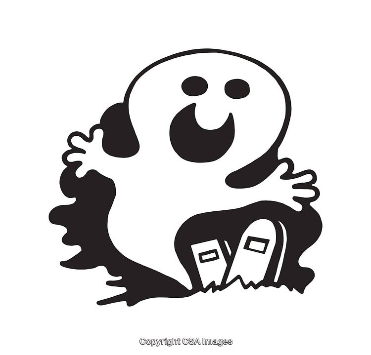Friendly Cartoon Ghost Illustration with Graveyard in Black and White Art