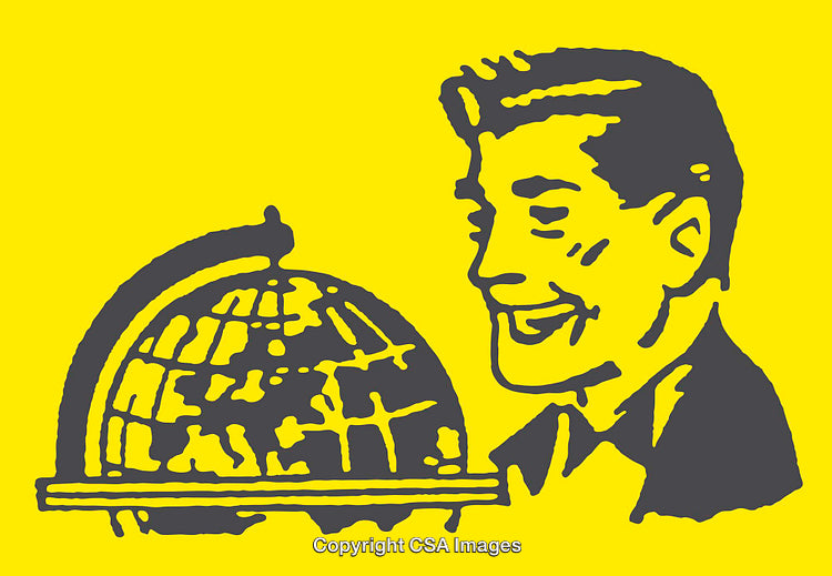 Illustration of a Smiling Man Beside a Globe in Yellow Tones