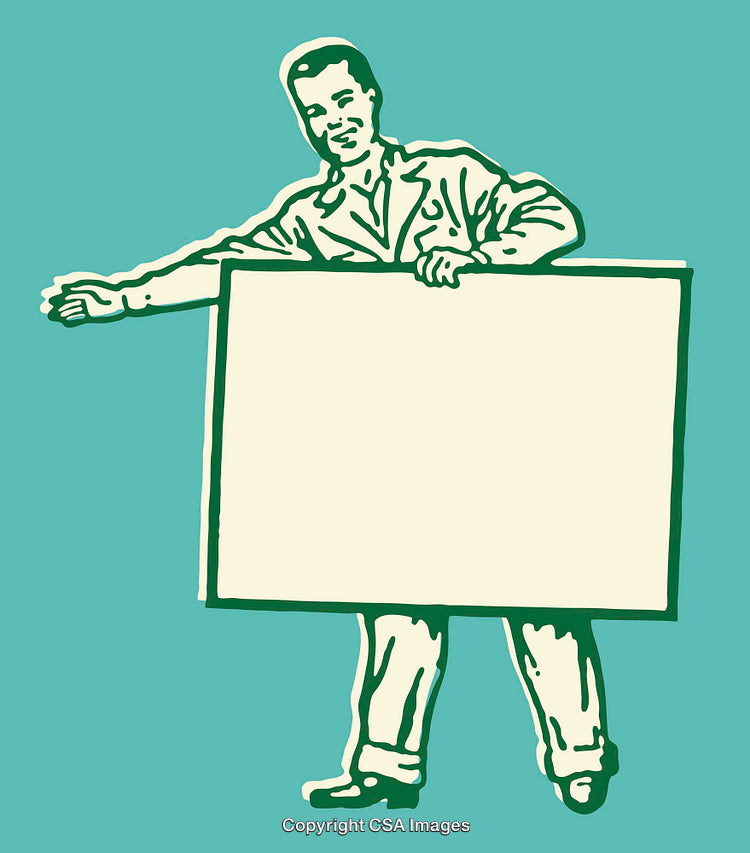Vintage Style Illustration of a Smiling Man Holding a Blank Sign