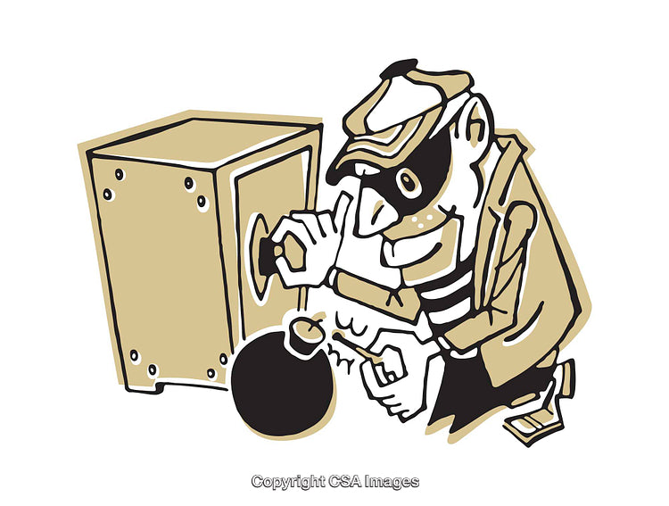 Cartoon Illustration of a Robber Examining a Safe with a Bomb