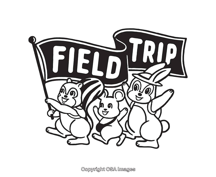 Cheerful Animals Carrying a Field Trip Banner in Black and White Line Art