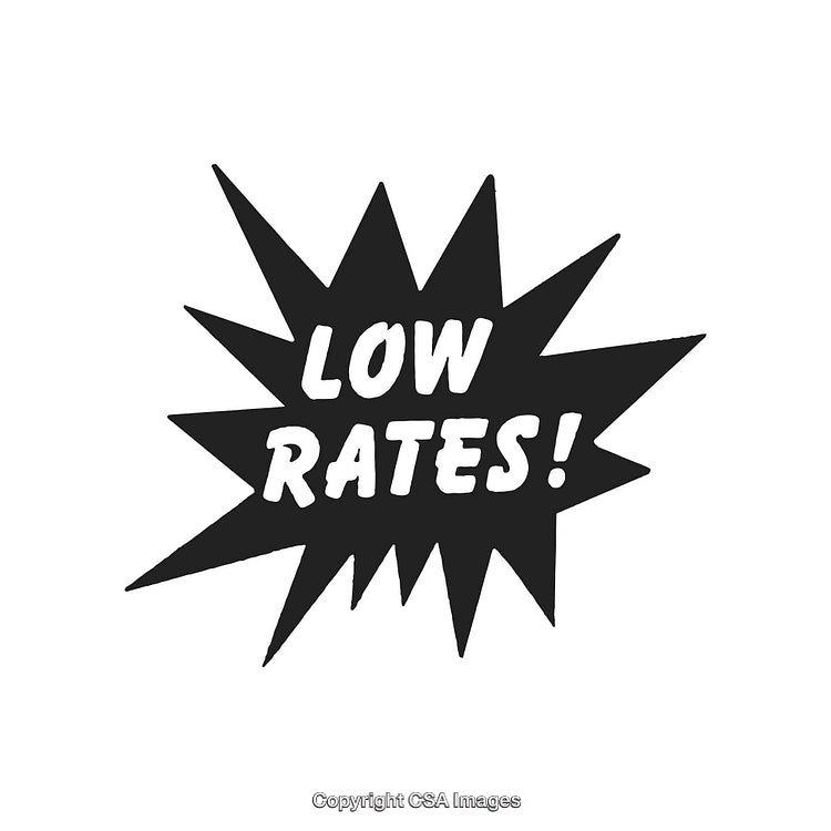 Bold Black Starburst Graphic Promoting Low Rates in Retro Style