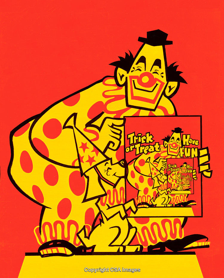 Playful Clown and Dog Promoting Trick Or Treat Fun on Halloween
