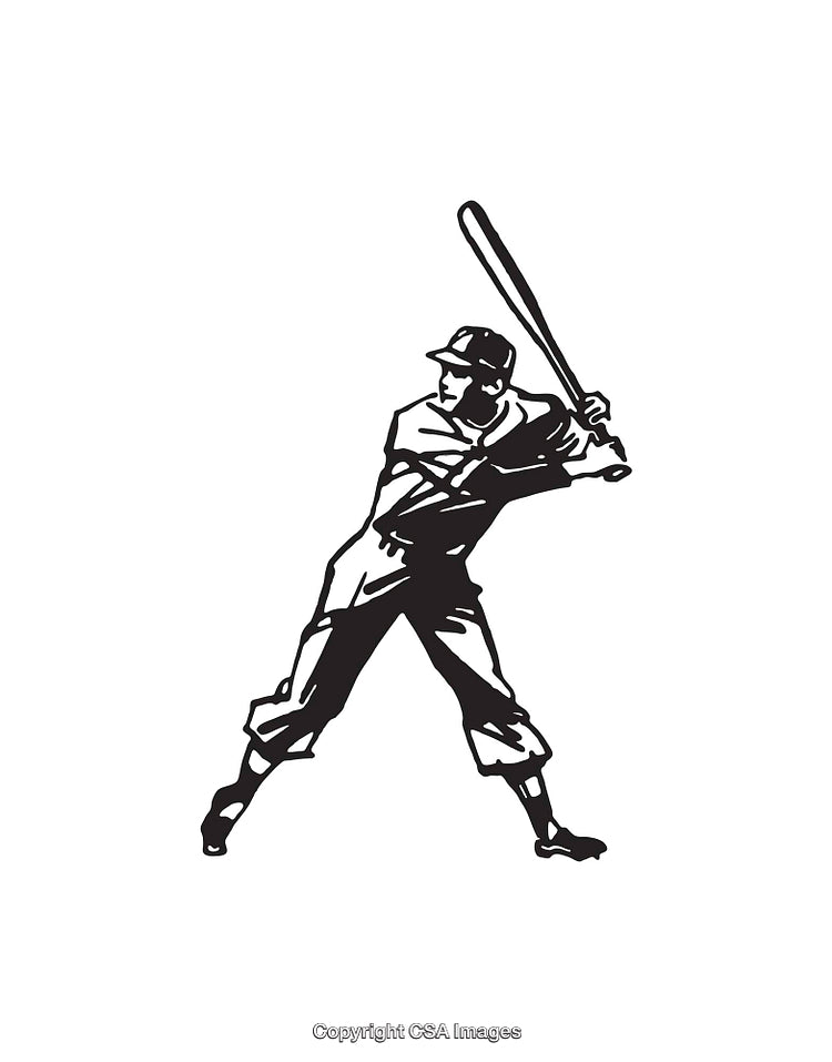 Black and White Line Art of a Vintage Baseball Player at Bat