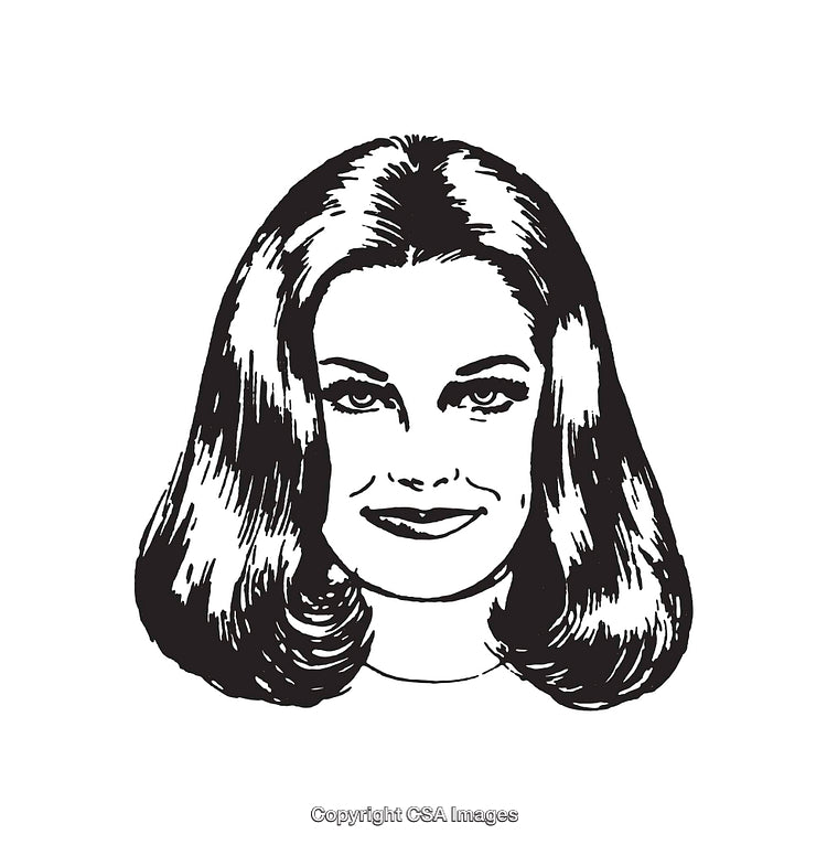 Vintage Black and White Line Art of Smiling Woman's Face