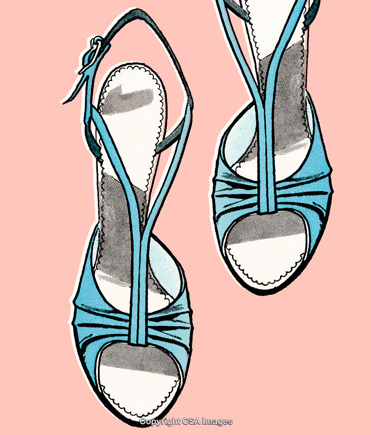 Stylized Illustration of Blue Heeled Sandals on a Pink Background