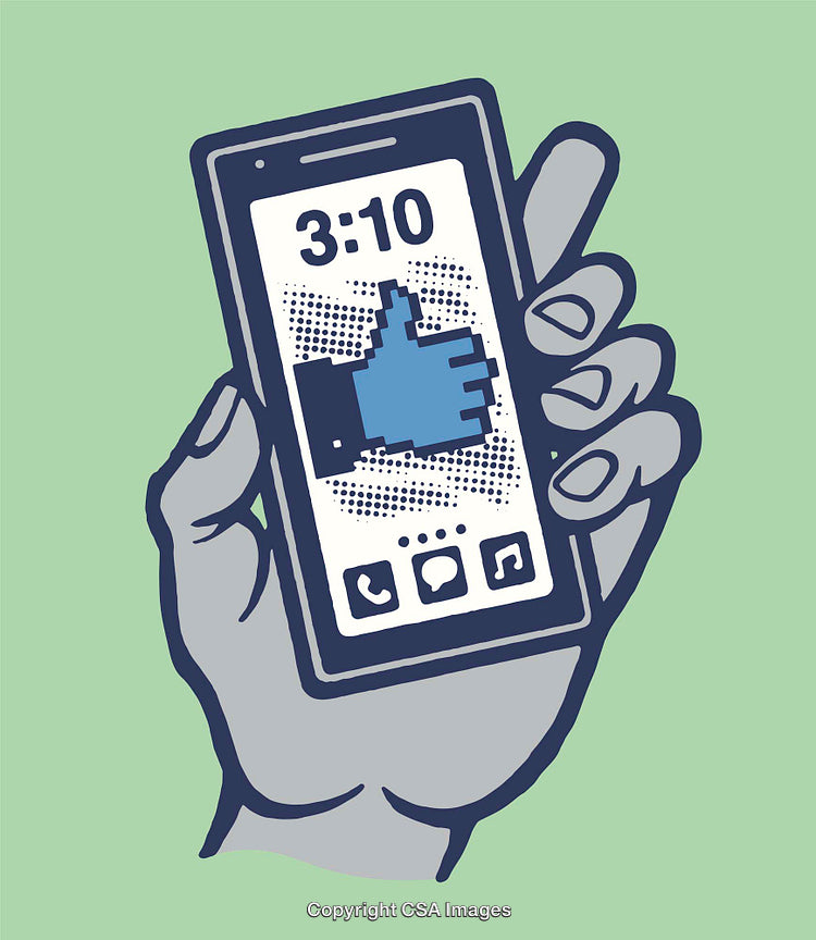 Hand Holding Smartphone with Social Media Like Icon and Green Background