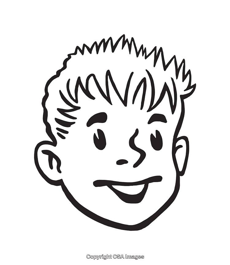 Black and White Illustration of a Smiling Boy's Face in Line Art
