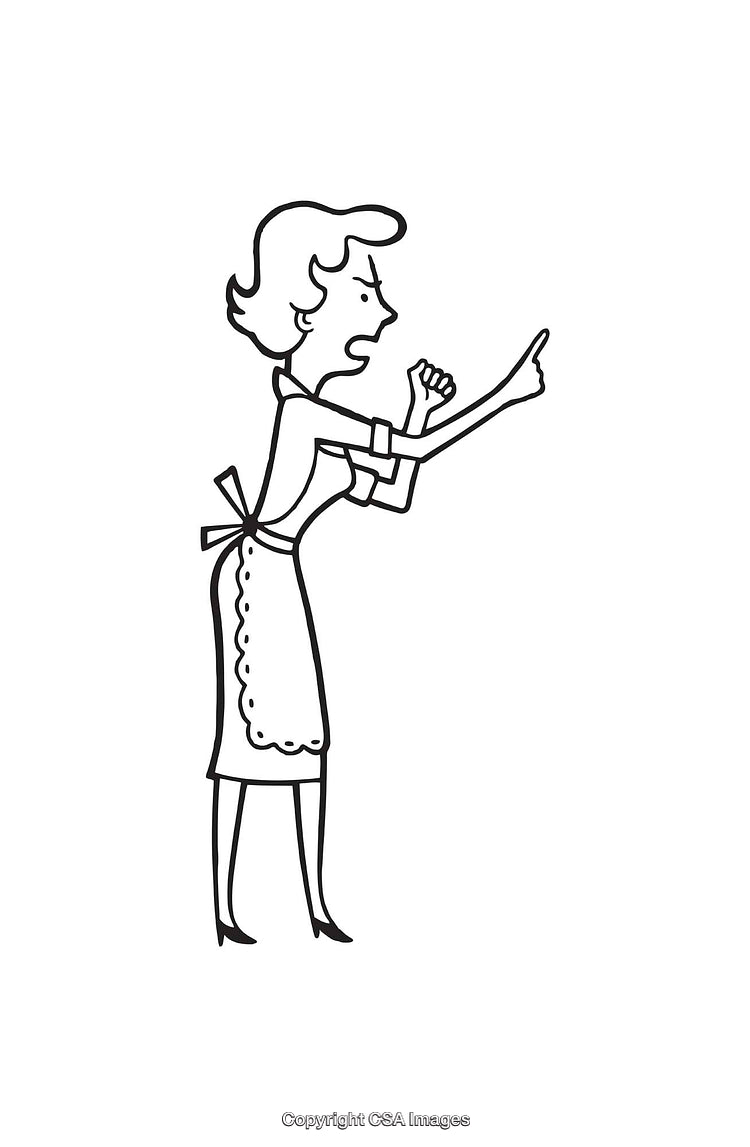 Black And White Line Art of a Woman Expressing Anger and Pointing