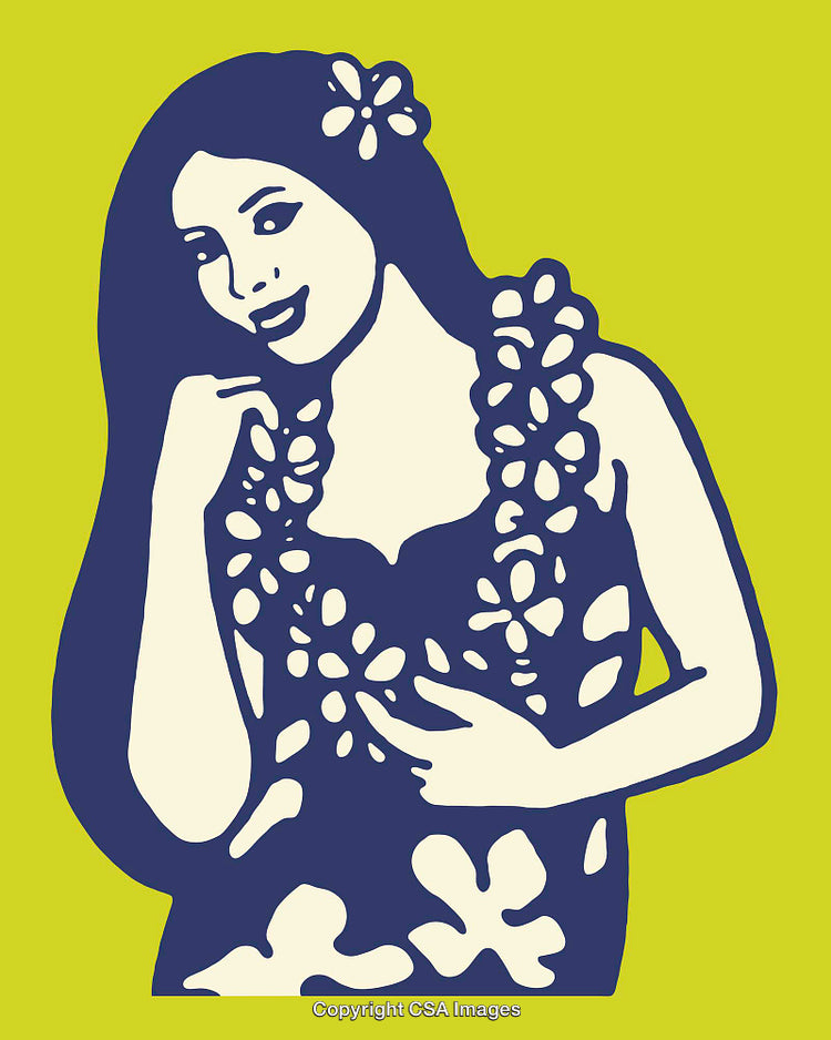Stylized Retro Art of a Woman with Floral Accessories on Green