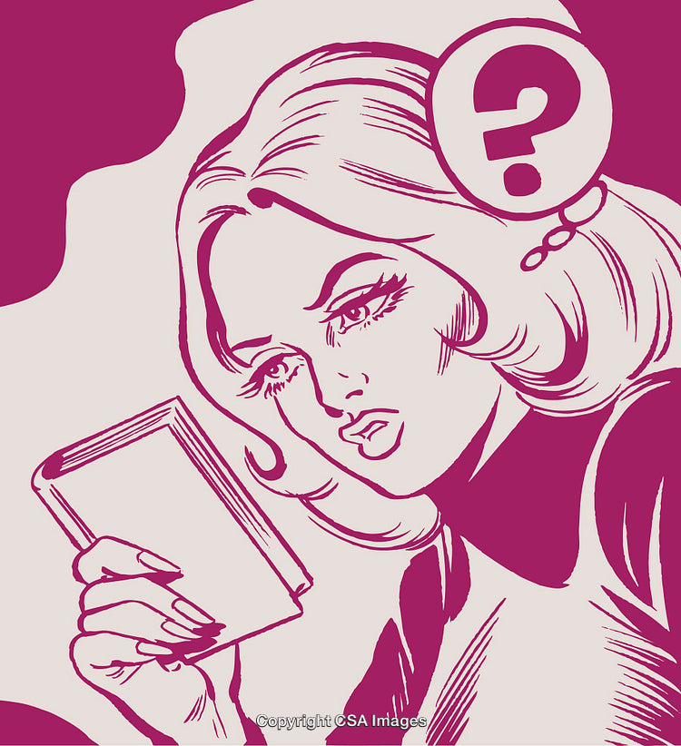 Retro Illustration of Confused Woman Holding Book and Question Symbol