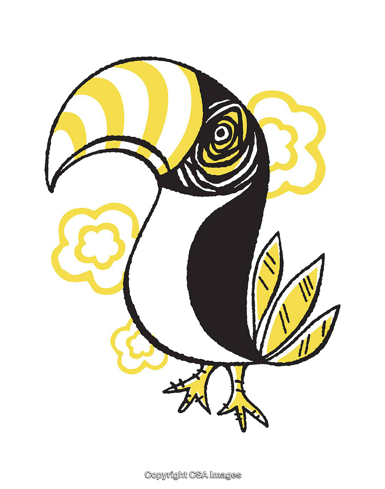 Colorful Toucan Illustration with Yellow Accents and Playful Design Elements