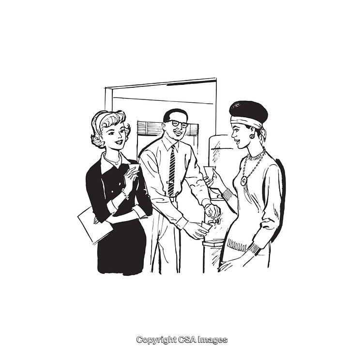 Retro Office Scene With Three Colleagues Socializing And Smiling Together