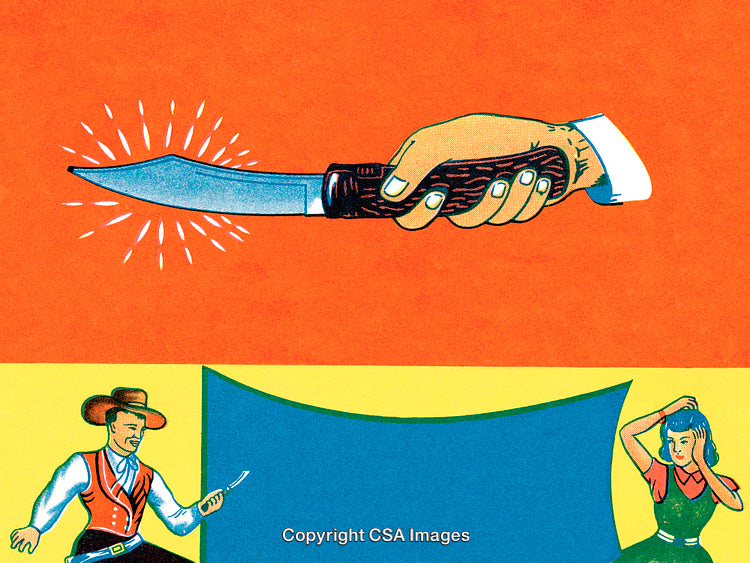 Vintage Graphic Illustrations of Knife and Characters in Bold Colors
