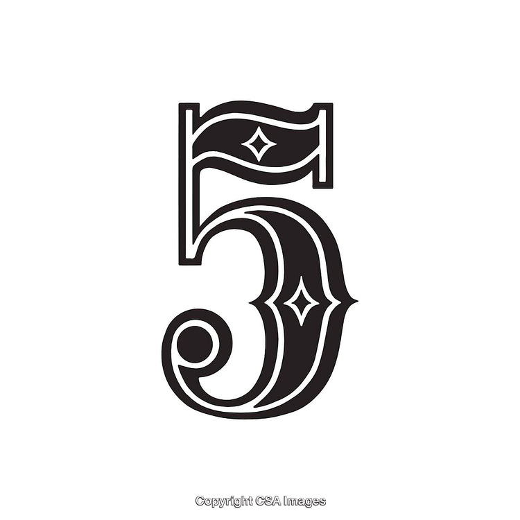Elegant Black Ornate Number Five with Decorative Details on White Background