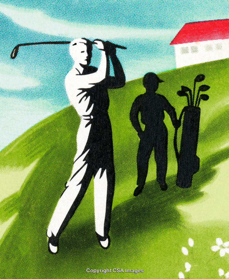 Vintage Illustration of Golfer Swinging Club on Green Course with Caddy