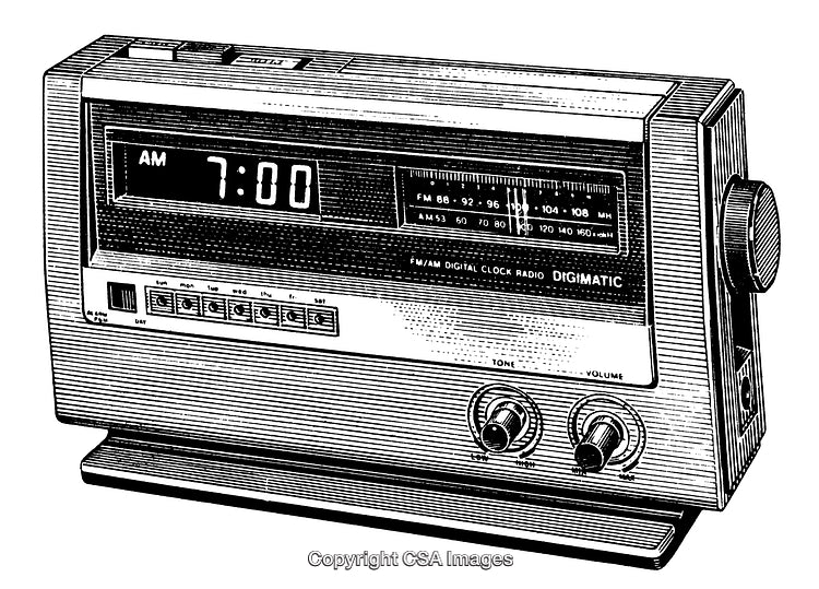 Vintage Digital Clock Radio Engraving in Black and White