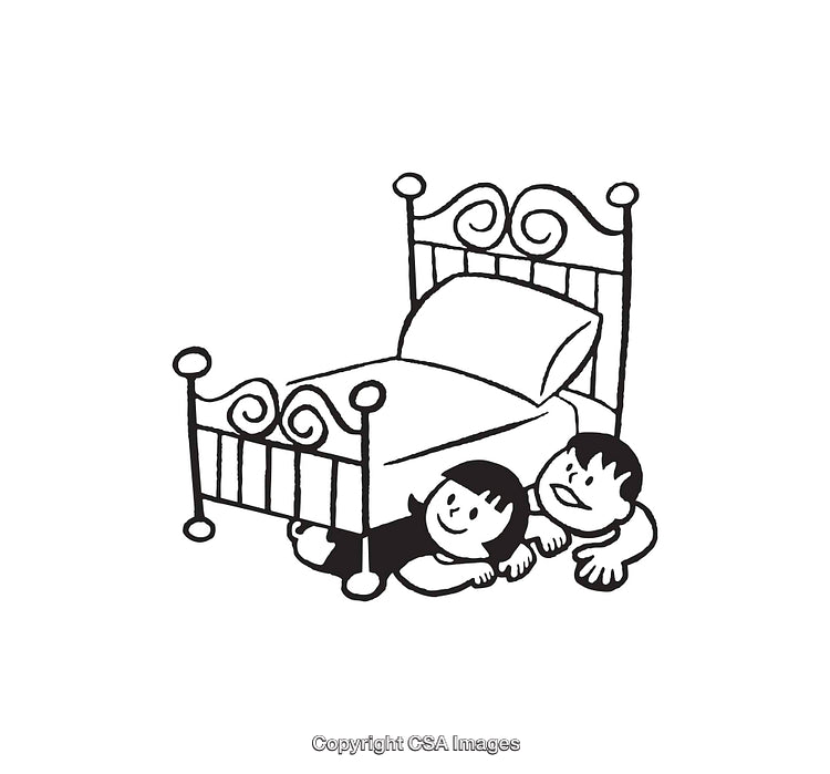 Children Hiding Under a Bed in Whimsical Black And White Line Art