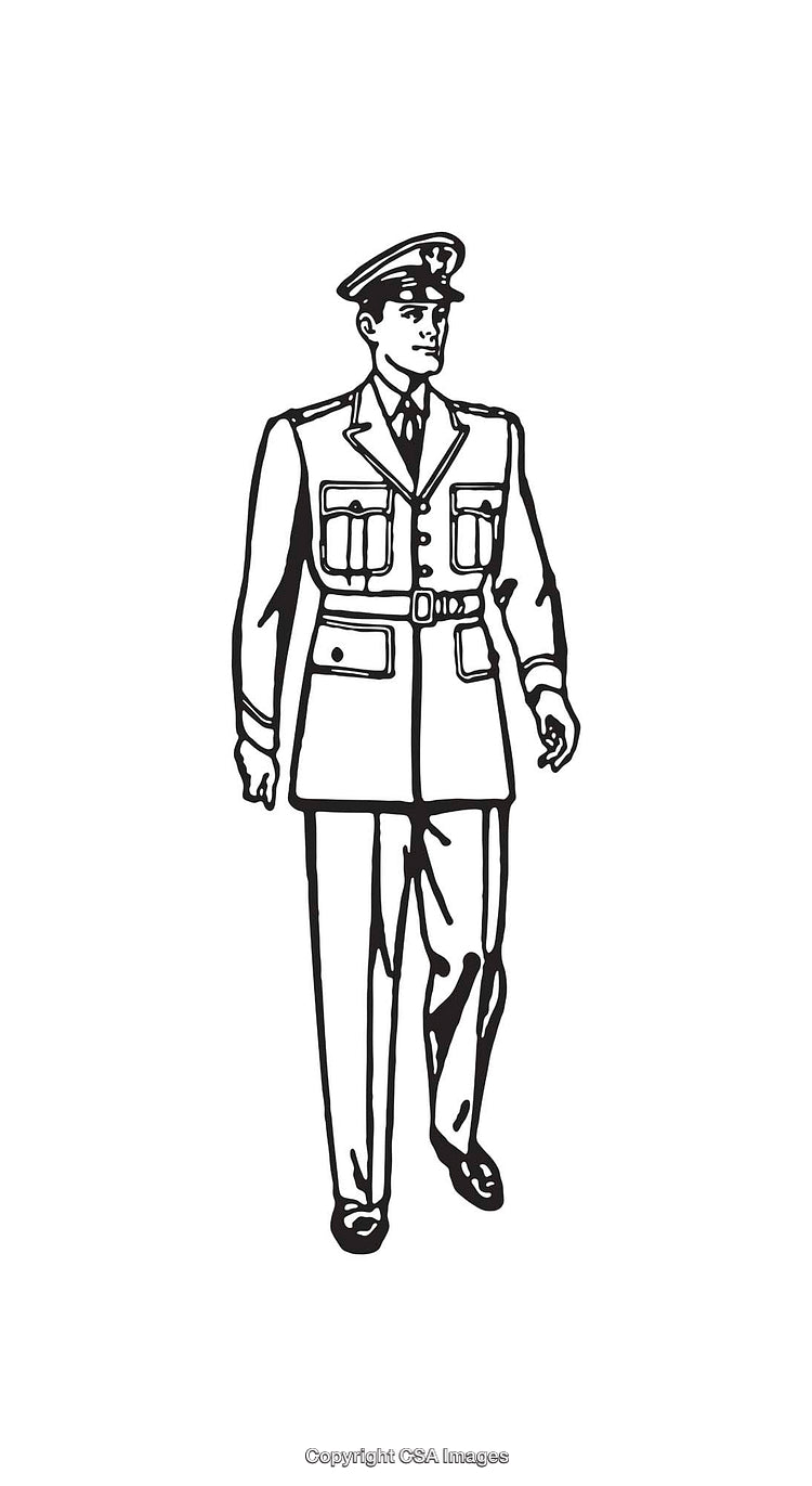 Black and White Line Art of Military Officer in Uniform Walking