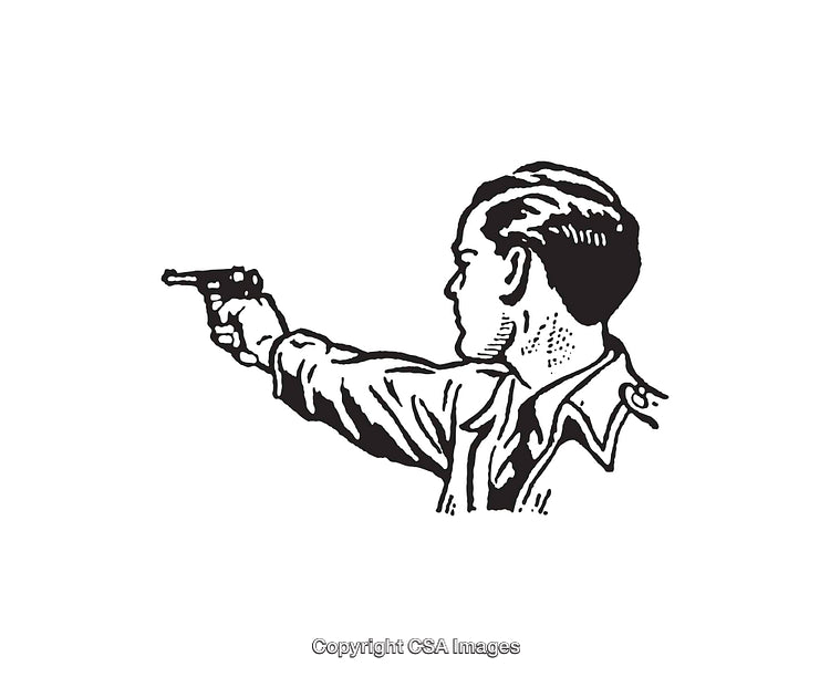 Vintage Black and White Illustration of a Man Aiming a Gun