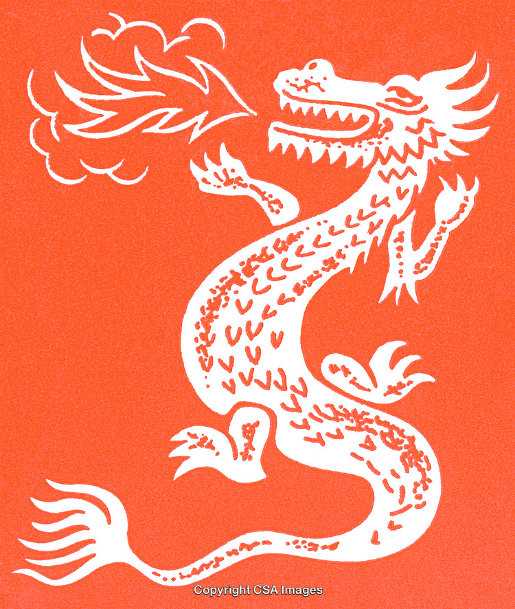 Traditional Artistic Depiction of a Fire-Breathing Dragon on Red Background