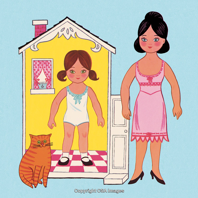 Vintage Illustration of Family Home Scene with Dolls and Toy Cat