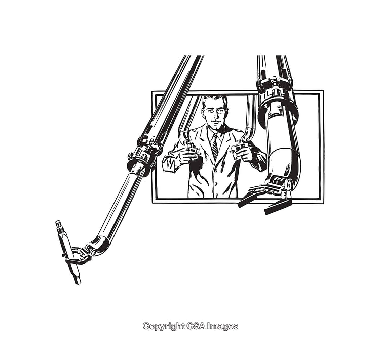 Monochrome Illustration of a Man Using Robotic Arms for Precision Work