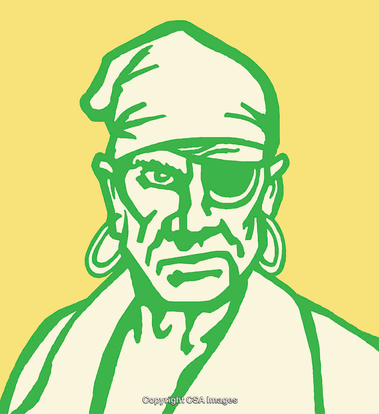 Bold Cartoon Illustration of a Pirate with Eye Patch in Green and Yellow