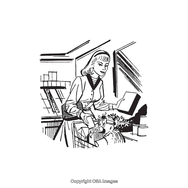 Vintage Illustration of a Woman Shopping at a Grocery Store
