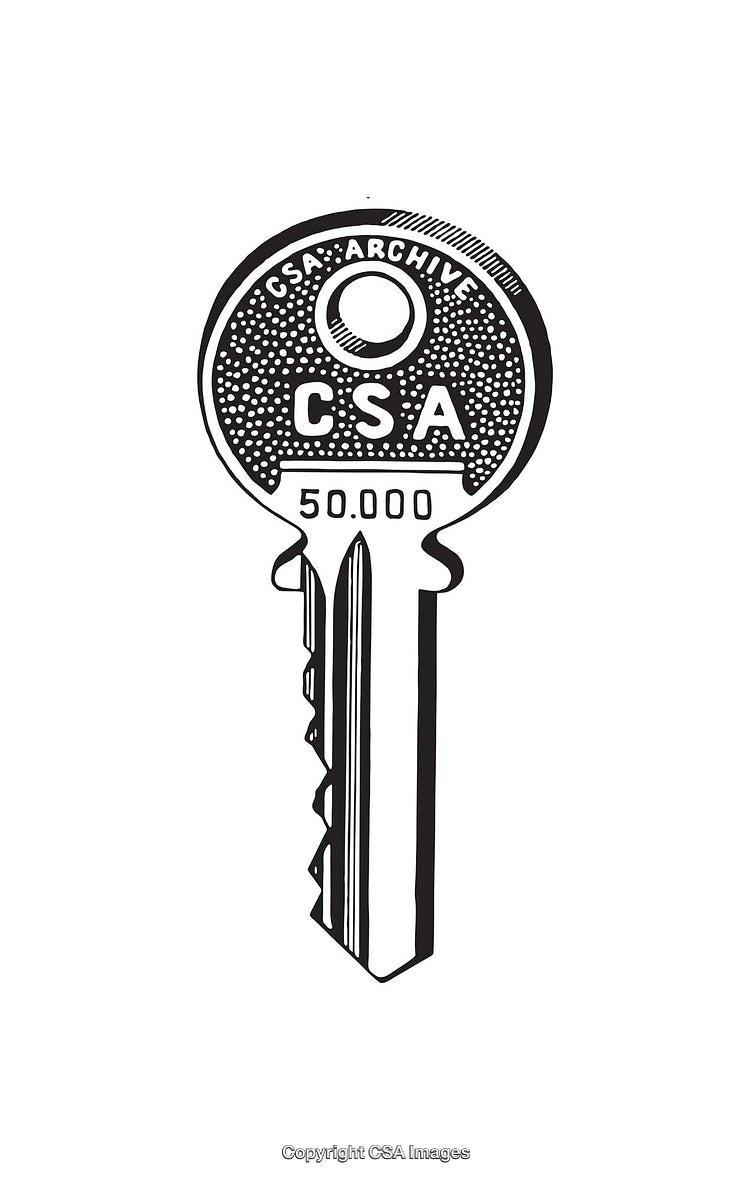Black and White Line Art Illustration of a Key with CSA Engravings
