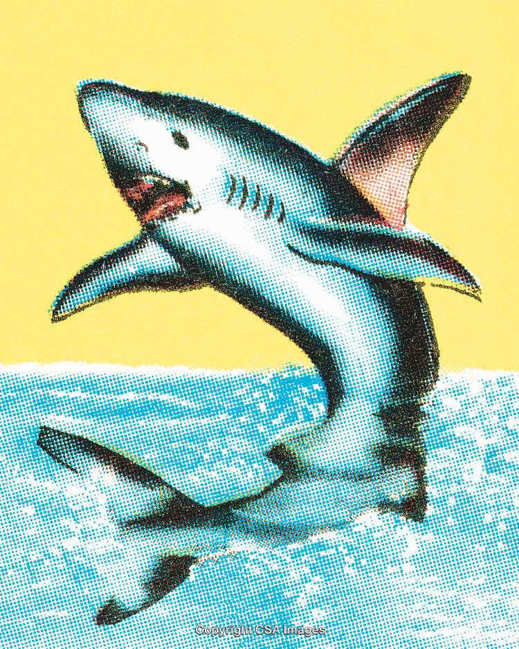 Pop Art Illustration of a Jumping Shark in Ocean Waves on a Yellow Background