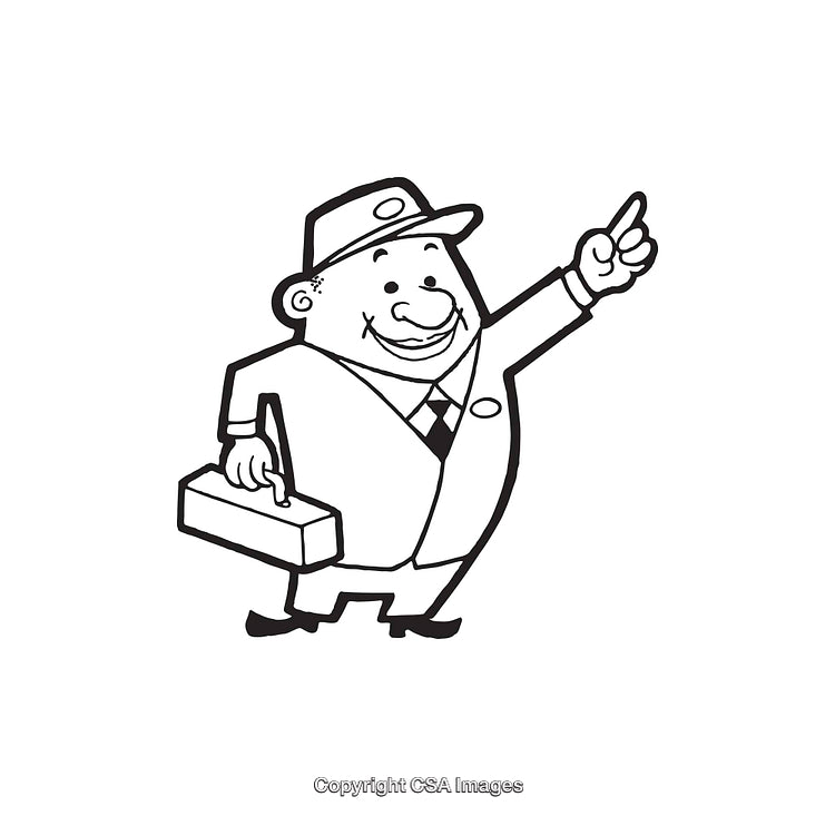 Smiling Cartoon Worker Carrying Toolbox in Black and White Style