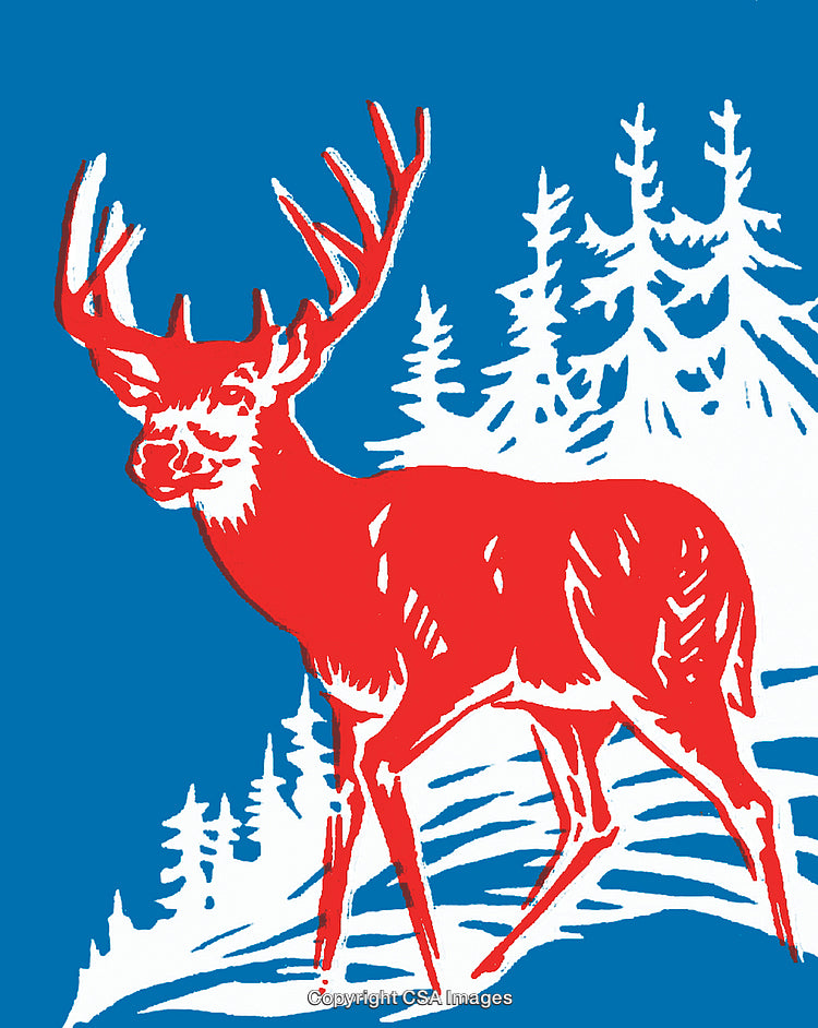 Majestic Red Deer Silhouette Against Winter Forest Backdrop