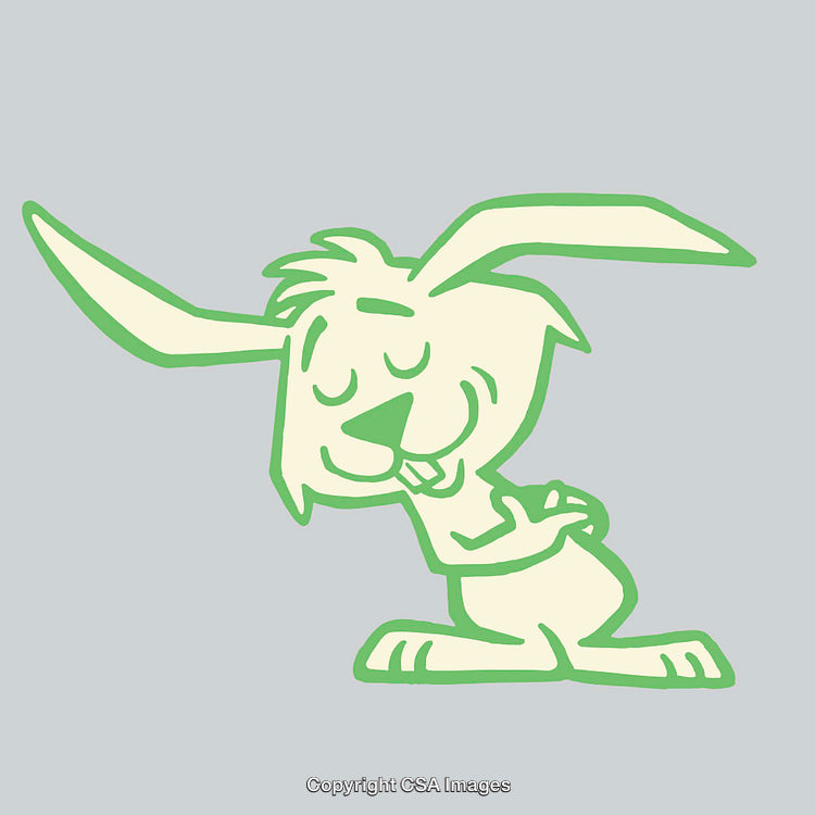 Outlined Green Cartoon Rabbit Joyfully Hugging Itself with Closed Eyes