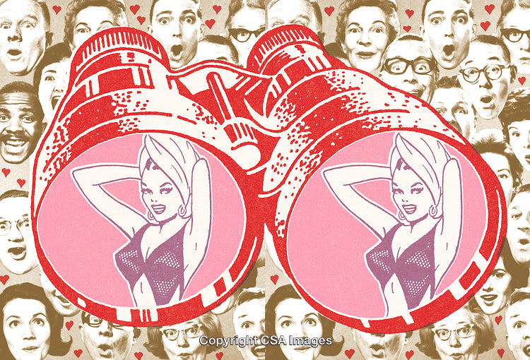 Retro Illustration of a Woman in Binocular View Surrounded by Crowd Expressions