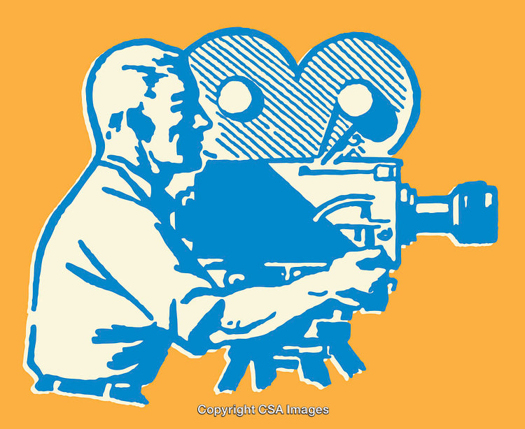 Retro Line Art Illustration of a Cameraman Operating a Vintage Movie Camera