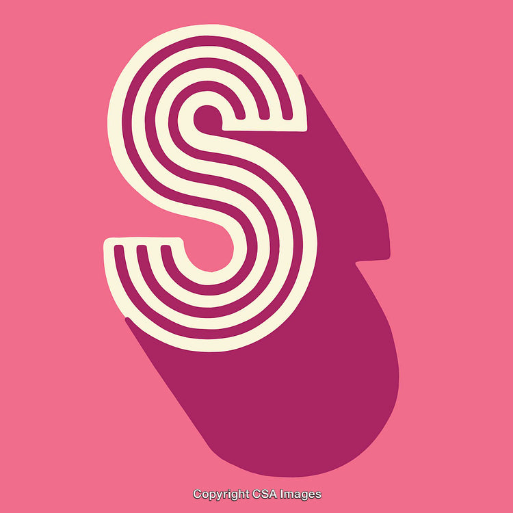 Colorful Retro Letter 'S' with Bold Line Patterns on Pink Background