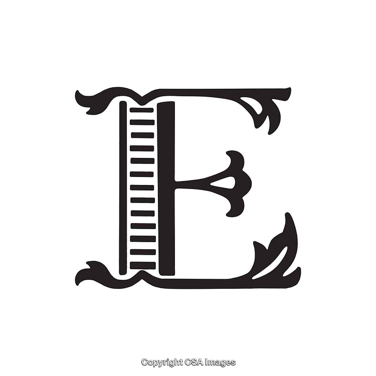 Elegant Letter E Design With Decorative Floral and Ruler Elements