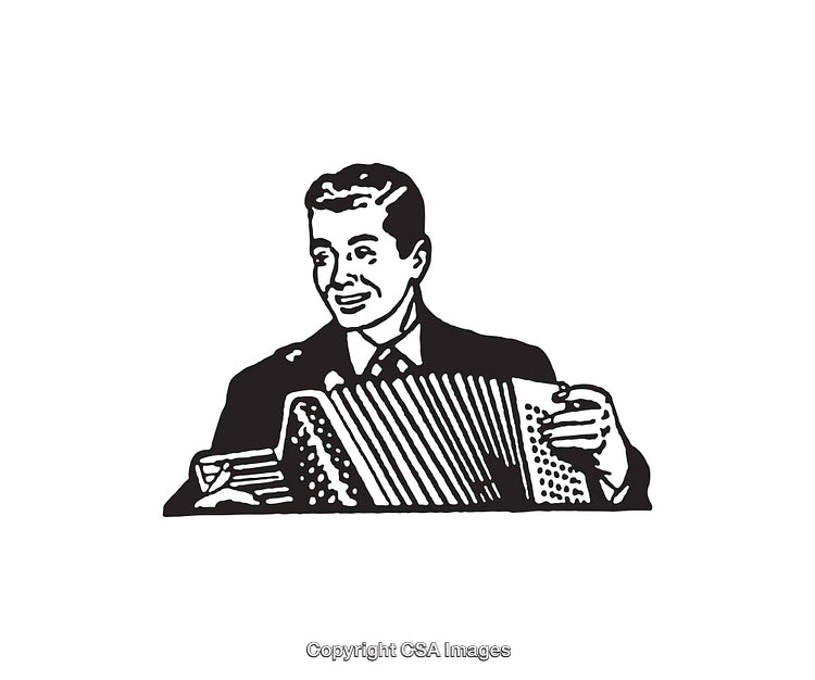 Black And White Illustration of a Man Playing an Accordion