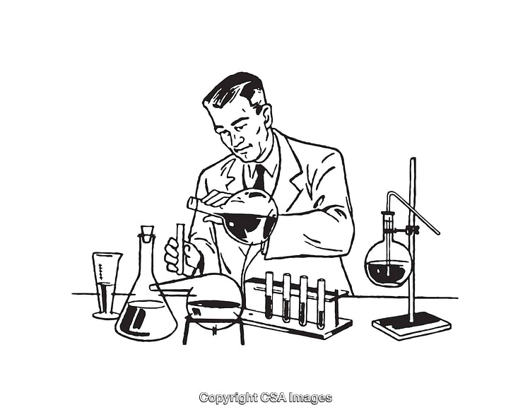 Black and White Illustration of a Scientist in a Laboratory