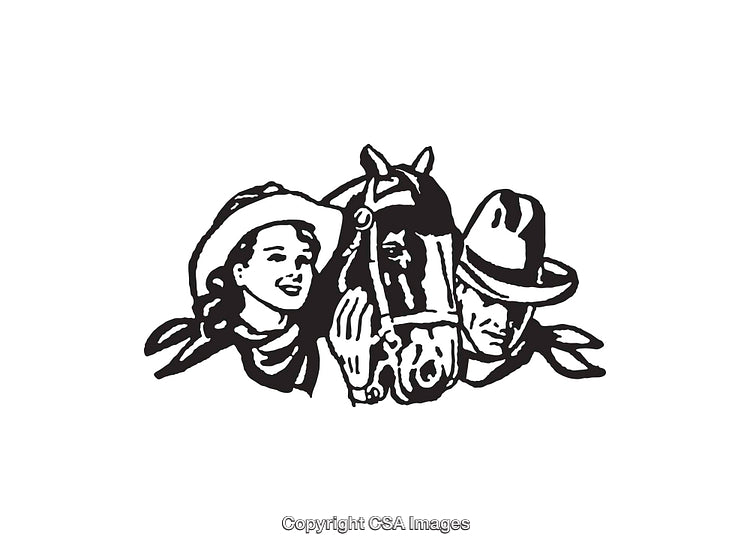 Black and White Line Art Of Cowgirl, Cowboy, And Horse
