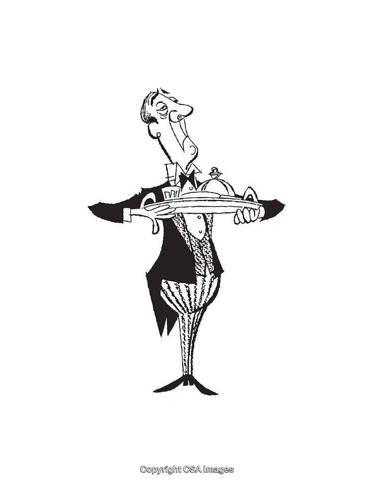 Black and White Cartoon Butler with Serving Dish Illustration