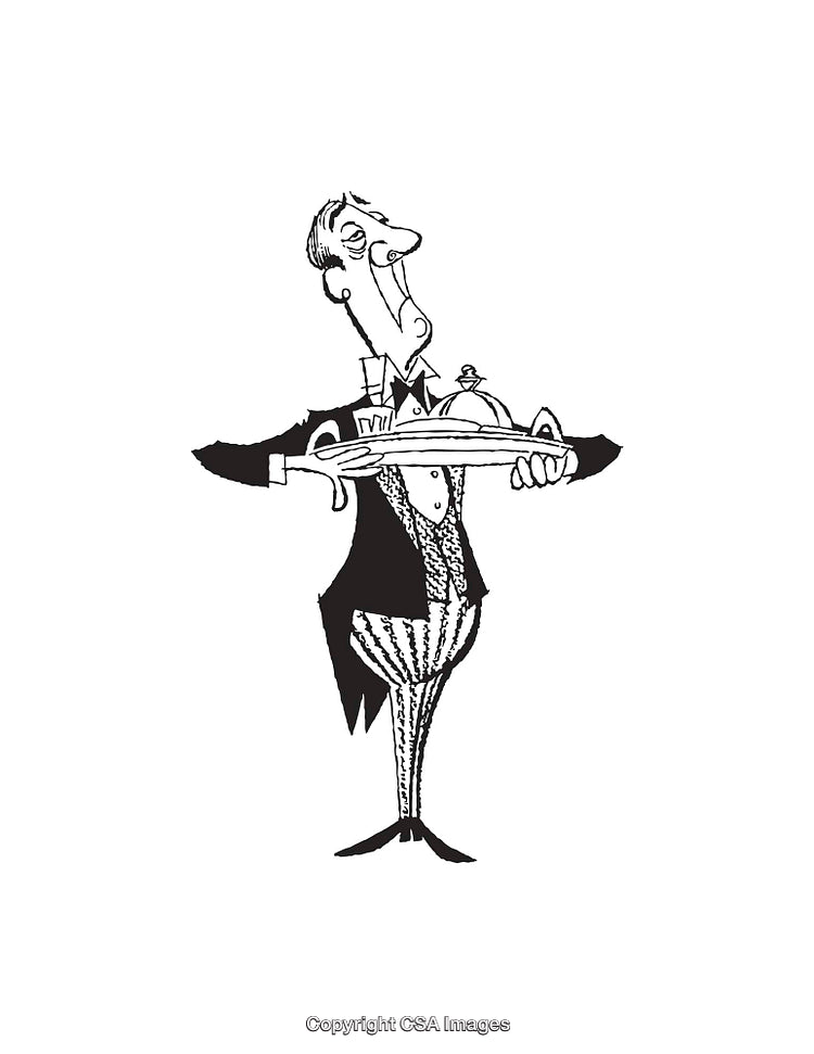 Black and White Cartoon Butler with Serving Dish Illustration