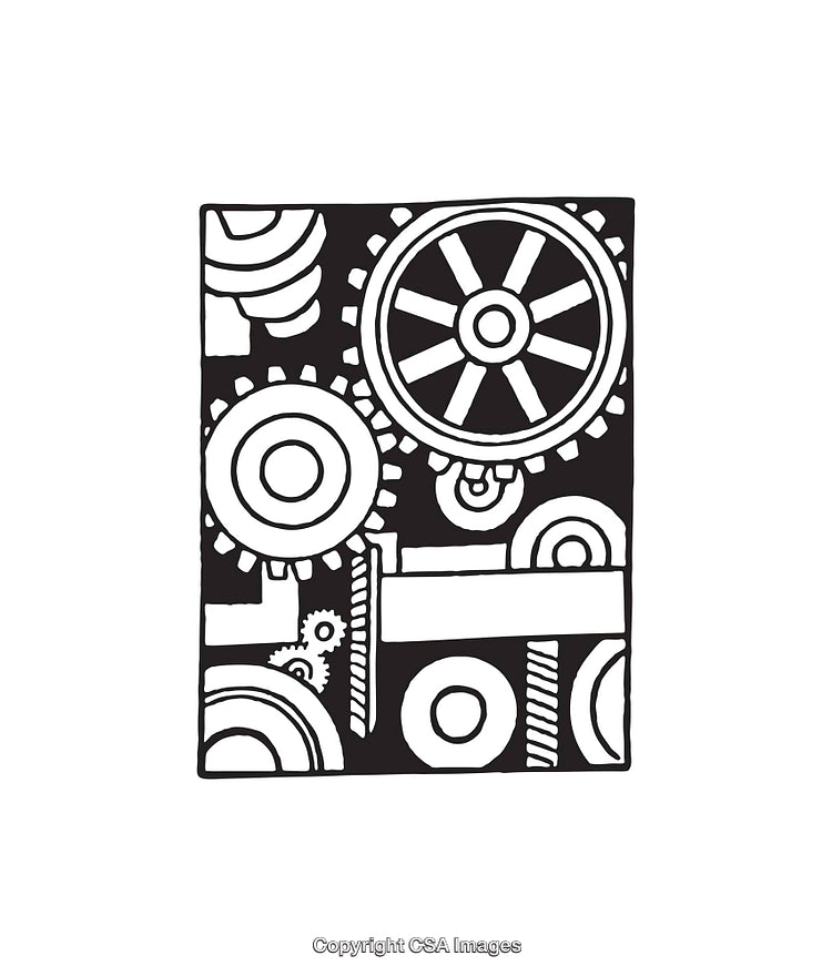 Black and White Line Art Illustration of Mechanical Gears and Wheels