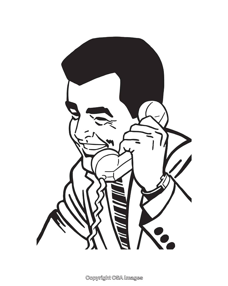 Retro Black and White Line Art Illustration of a Man on the Phone